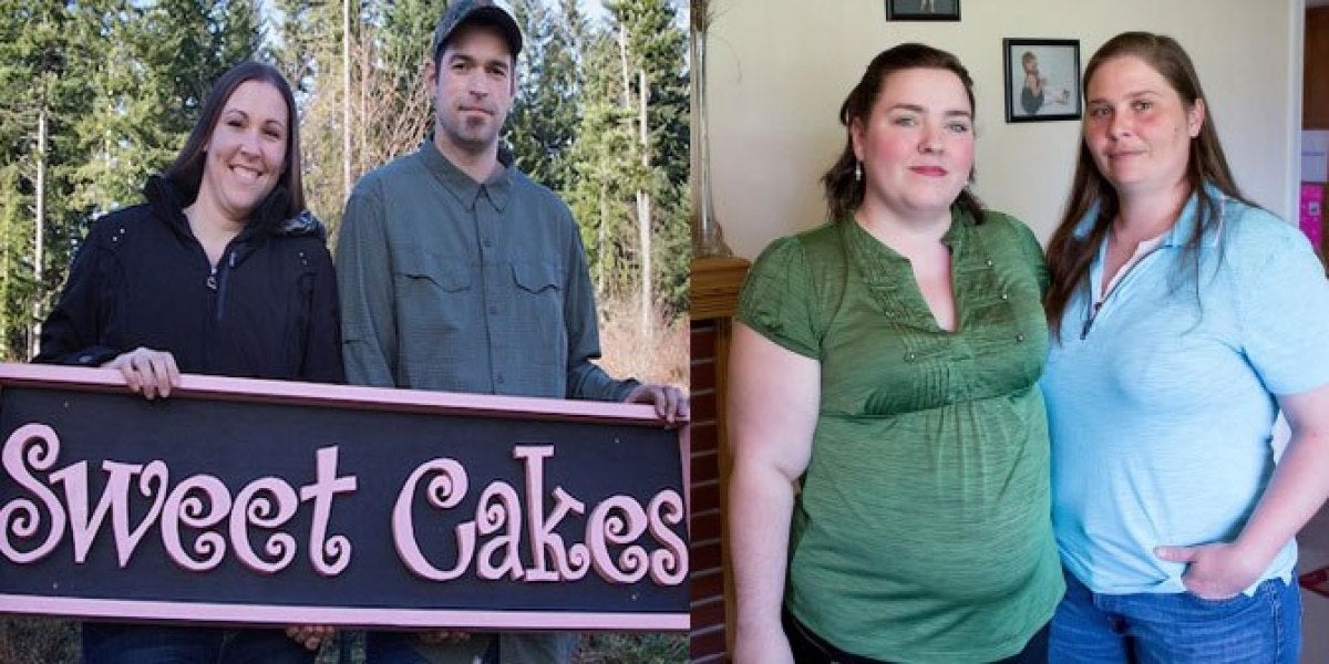 Los propietarios de la pasteleria y la pareja gay a la que no quisieron preparar la tarta
