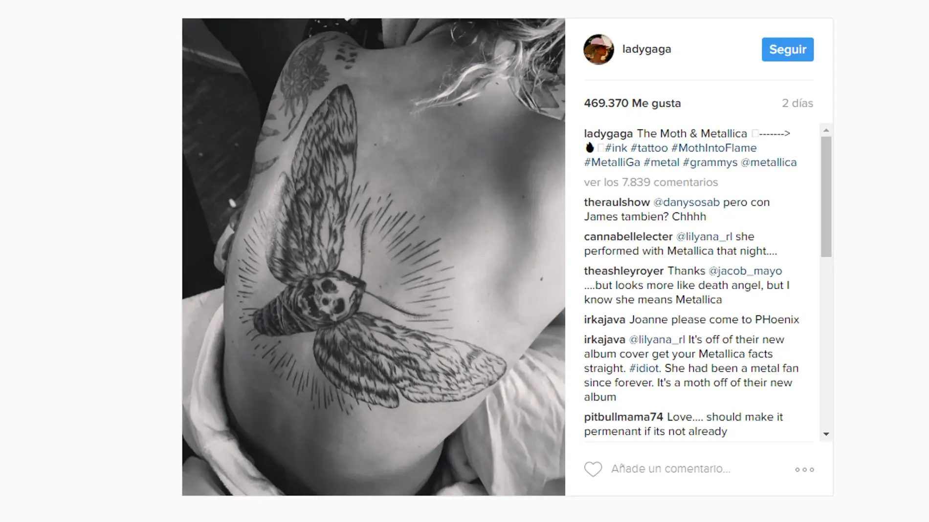 El tatuaje de Lady Gaga en honor a Metallica 