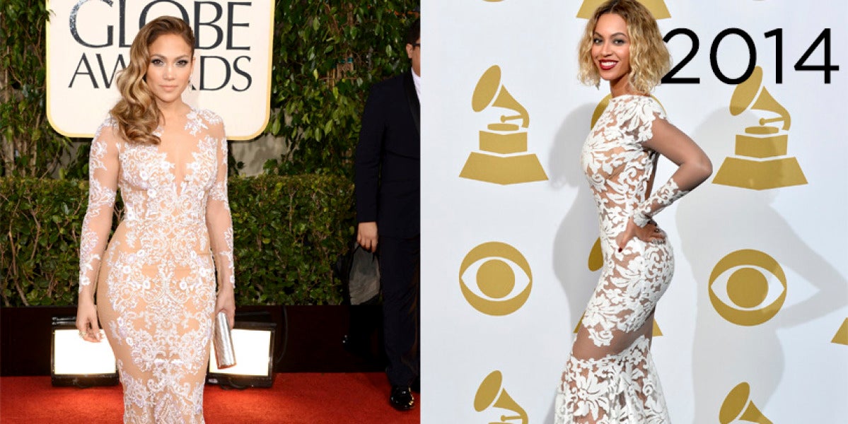 Beyoncé en los Grammy 2014 lució un vestido muy similar al que JLo llevó en los Globo de Oro de 2013