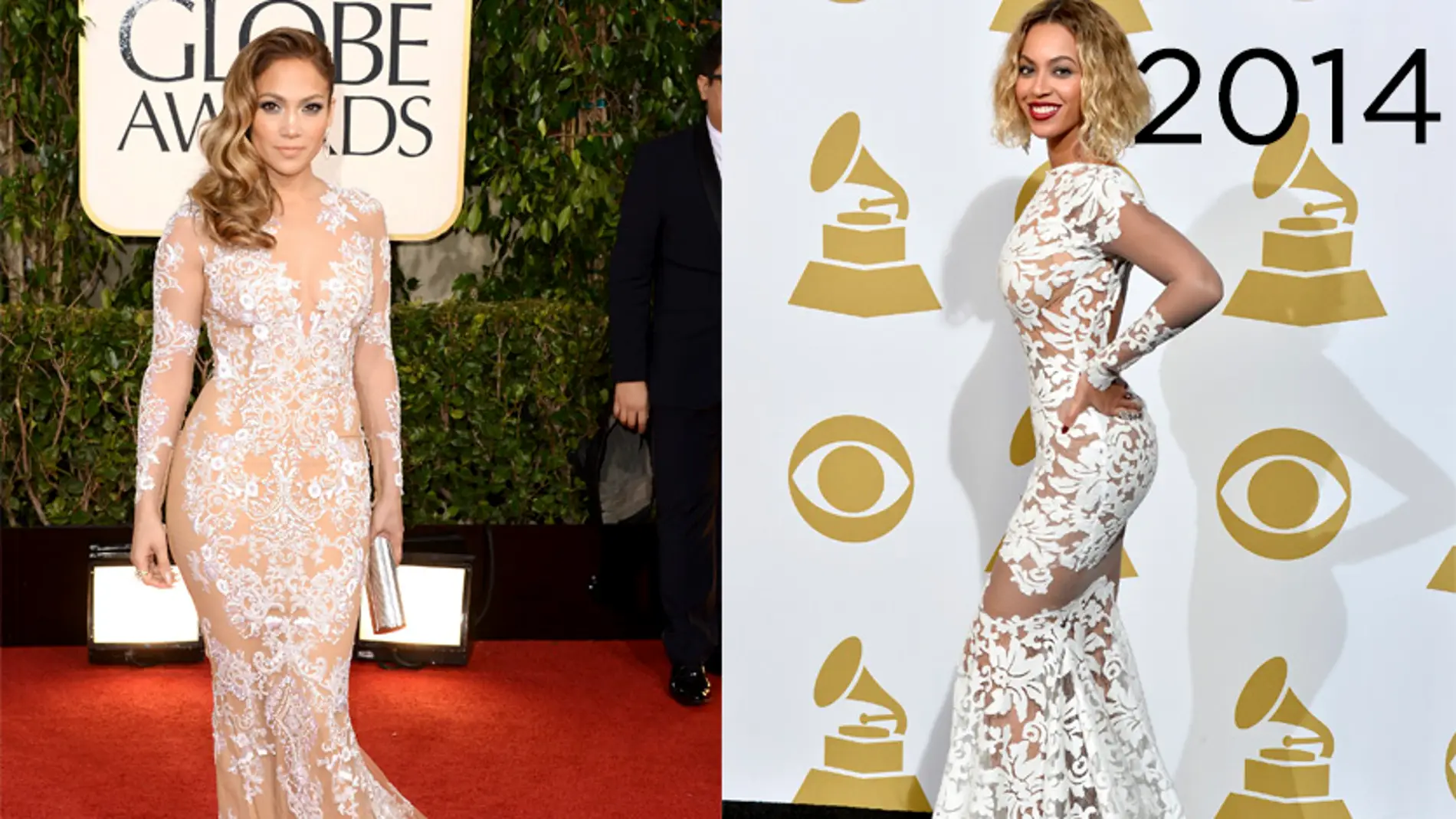 Beyoncé en los Grammy 2014 lució un vestido muy similar al que JLo llevó en los Globo de Oro de 2013