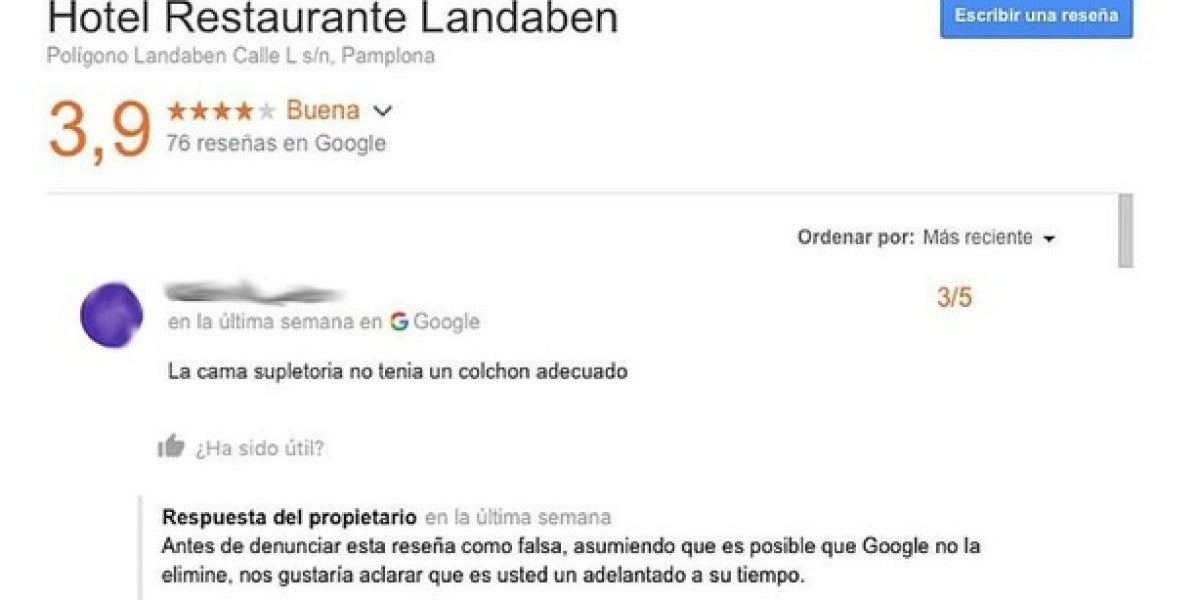 Un usuario de Google se quejó del Hotel Restaurante Landaben antes de que abriese sus puertas al público