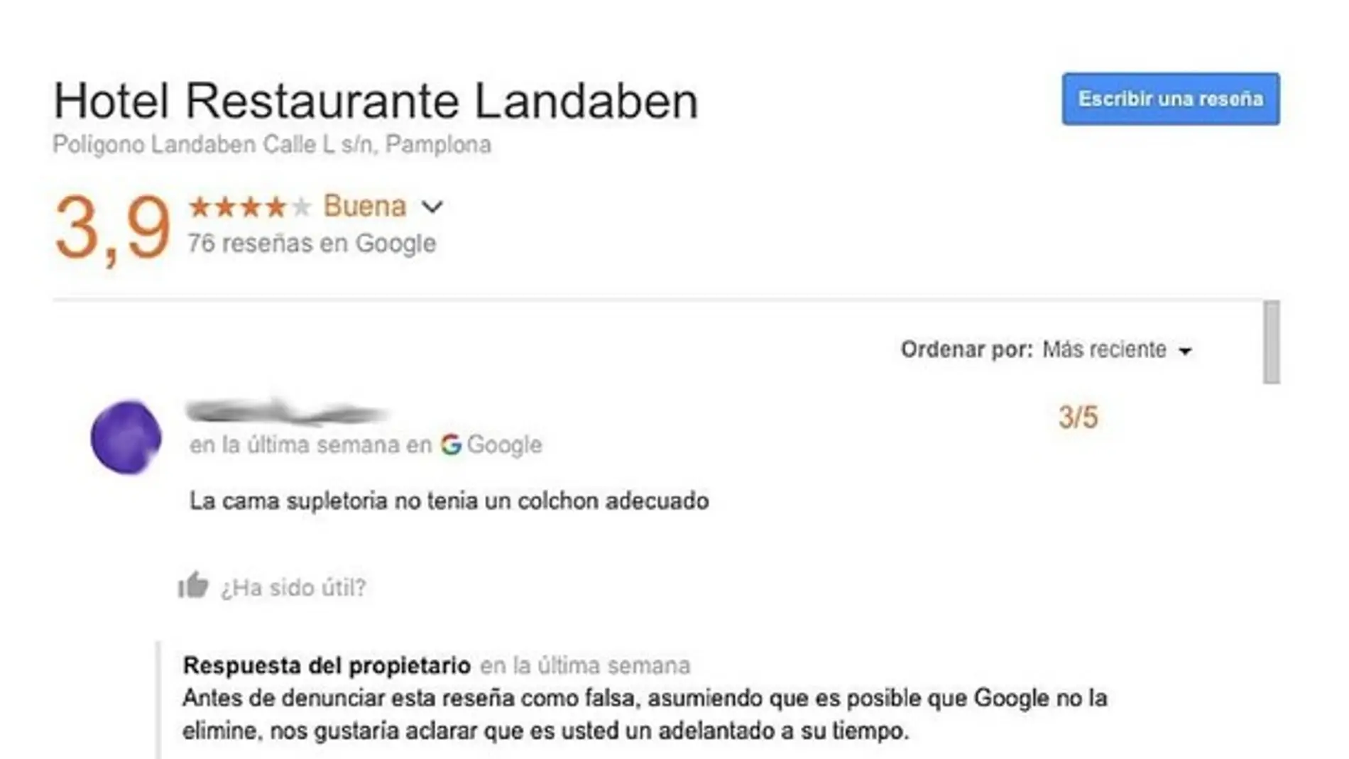 Un usuario de Google se quejó del Hotel Restaurante Landaben antes de que abriese sus puertas al público 