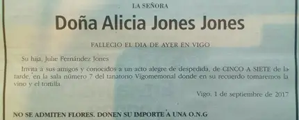 Esquela en la que se pide despedir a una vecina de Vigo con vino y tortilla Esquela en la que se pide despedir a una vecina de Vigo con vino y tortilla