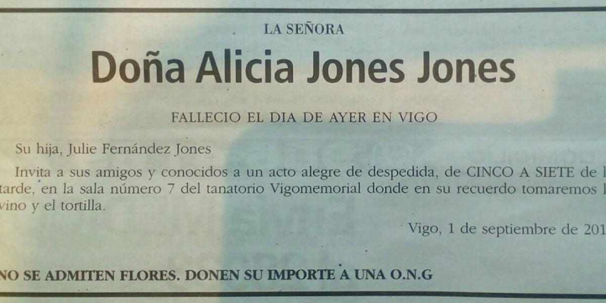 Esquela en la que se pide despedir a una vecina de Vigo con vino y tortilla