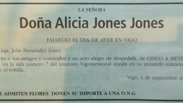 Esquela en la que se pide despedir a una vecina de Vigo con vino y tortilla