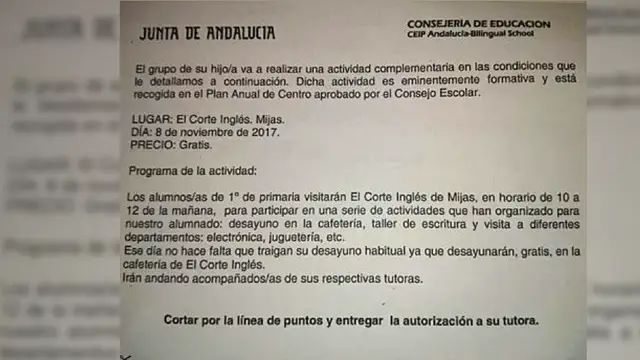 Carta de una excursión a un centro comercial
