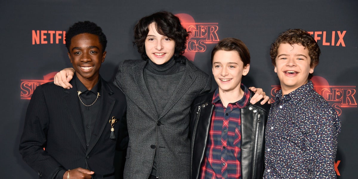 Los actores Caleb McLaughlin, Finn Wolfhard, Noah Schnapp y Gaten Matarazzo en la presentación de la segunda temporada de 'Stranger Things'