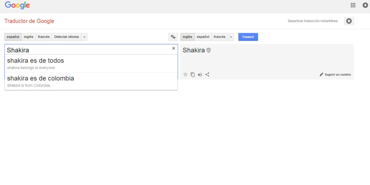 Google Translate con 'Shakira es de todos'
