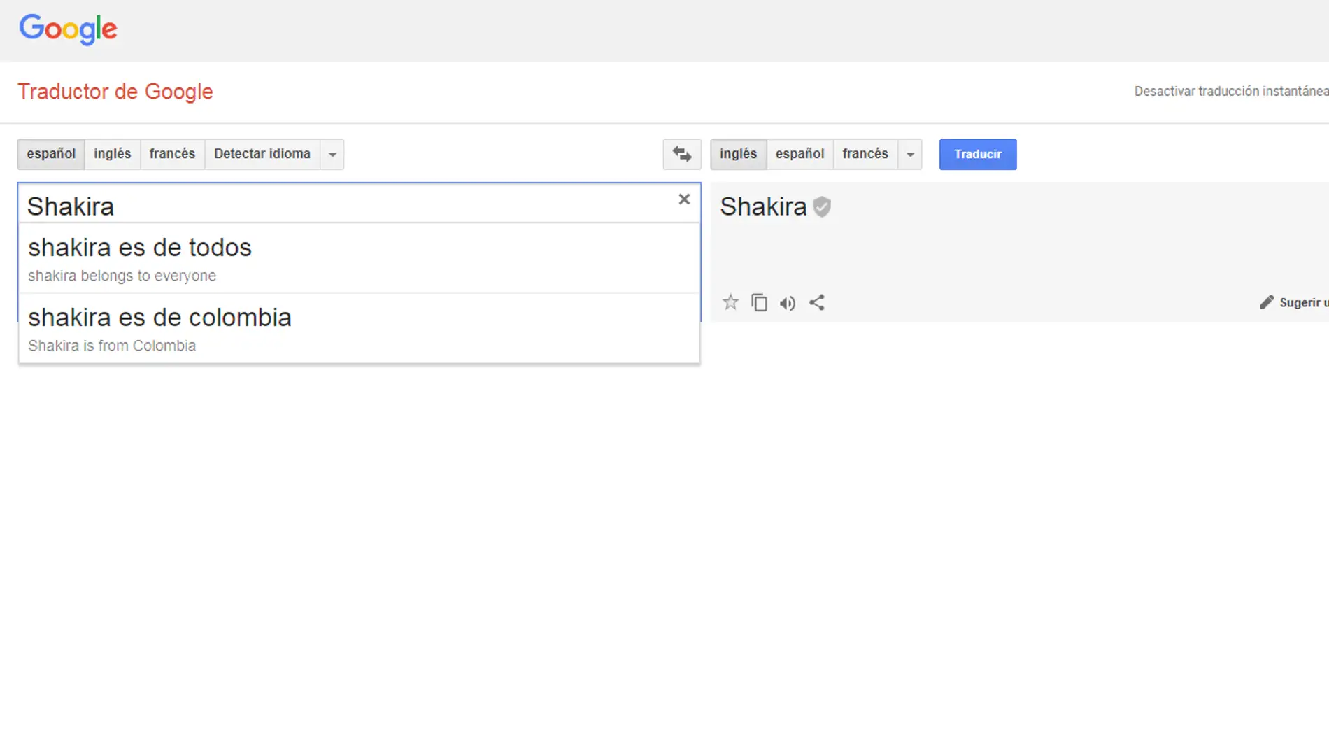 Google Translate con 'Shakira es de todos'