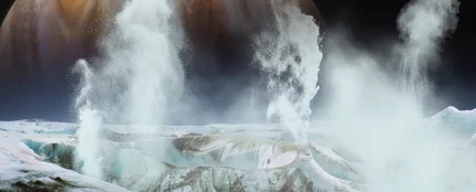 Representación científica de los chorros de gas que emergen de la superficie de Europa en Júpiter procedentes del océano subterráneo del satélite Representación científica de los chorros de gas que emergen de la superficie de Europa en Júpiter procedentes del océano subterráneo del satélite