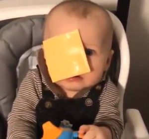 Un bebé con una loncha de queso en la cara. Un bebé con una loncha de queso en la cara.