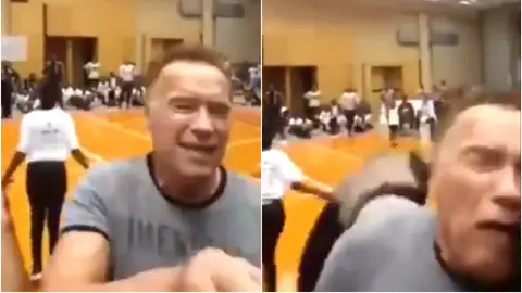 Brutal patada a Arnold Schwarzenegger en un acto en Sudáfrica Brutal patada a Arnold Schwarzenegger en un acto en Sudáfrica