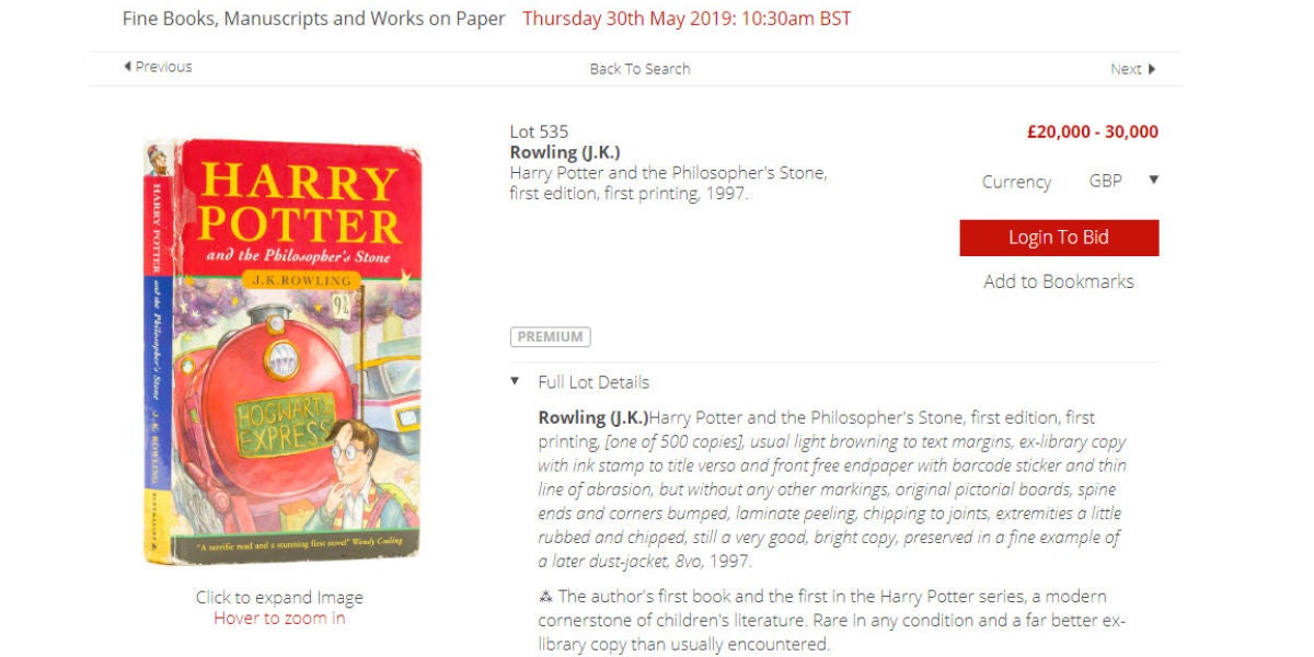Ejemplar de ‘Harry Potter y la Piedra Filosofal’ a subasta en Londres