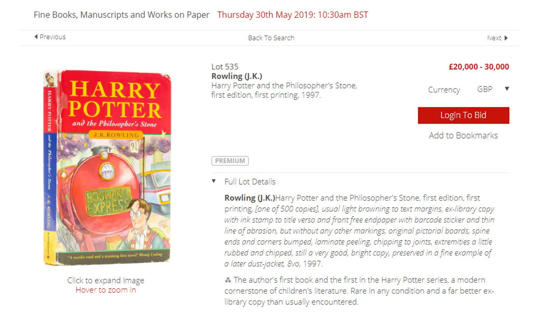 Ejemplar de ‘Harry Potter y la Piedra Filosofal’ a subasta en Londres