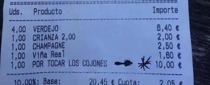 Ticket donde cobran 10 euros 'por tocas los cojones' Ticket donde cobran 10 euros 'por tocas los cojones'