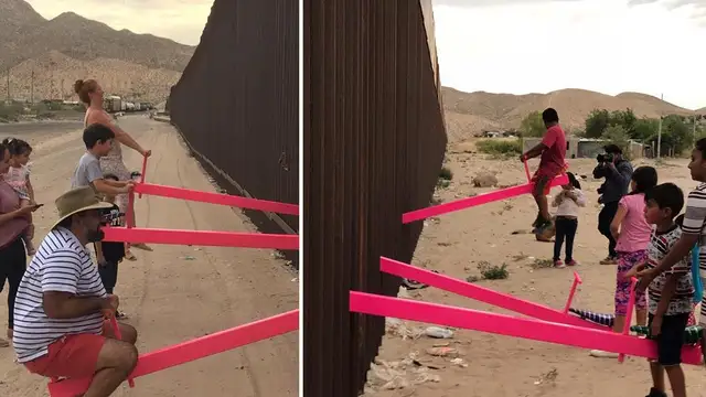 Los dos lados del muro unidos por unos columpios.