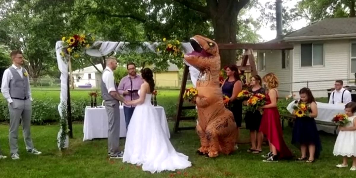 Una dama de honor se presenta en la boda de su hermana vestida de dinosaurio