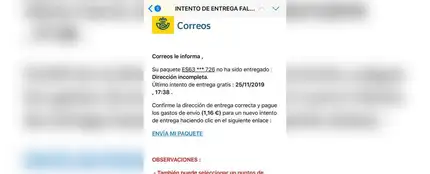 El mensaje falso de Correos El mensaje falso de Correos