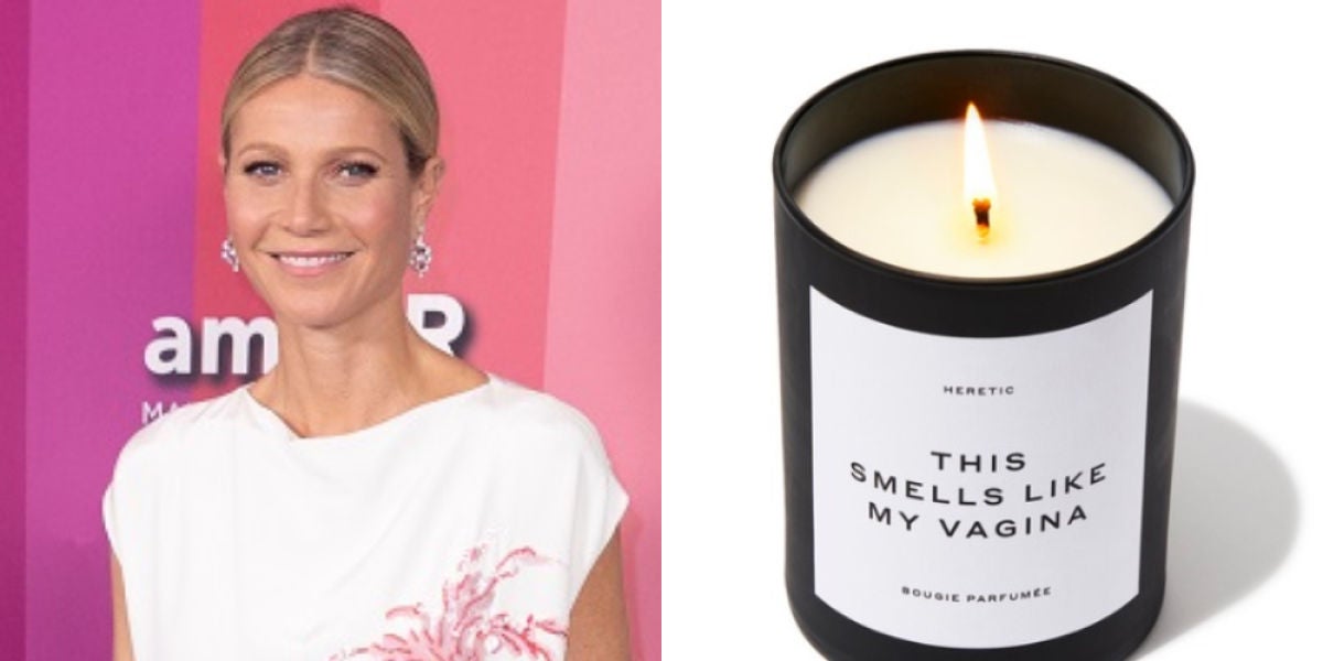 Imagen de la actriz Gwyneth Paltrow a la izquierda y la vela con 'olor a su vagina' que se ha agotado a la derecha