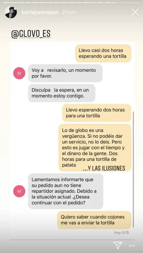 Conversación de Jon Kortajarena con la empresa Glovo Conversación de Jon Kortajarena con la empresa Glovo