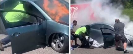Un hombre salva la vida a otro pocos segundos antes de que su coche se incendie