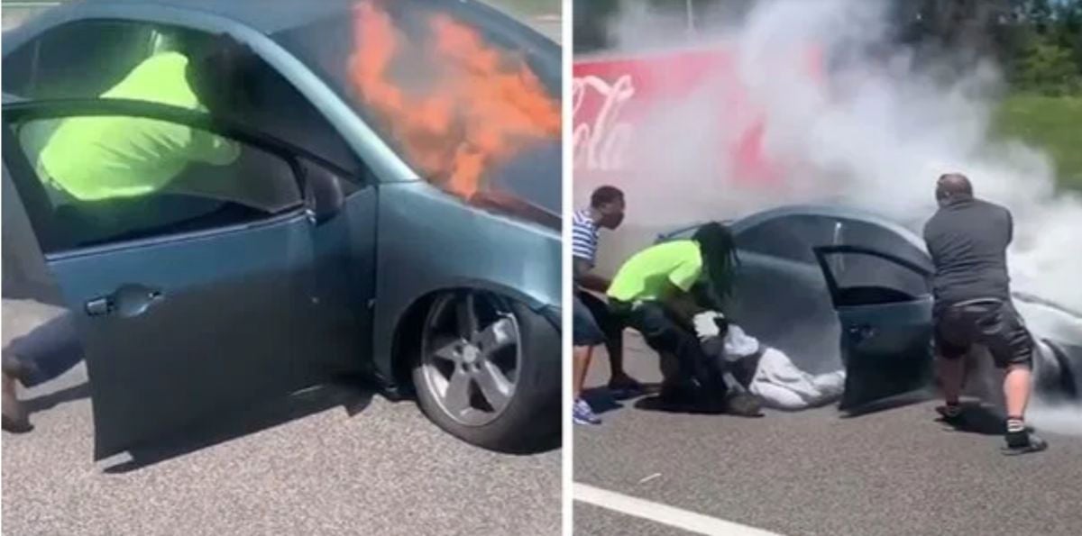 Un hombre salva la vida a otro pocos segundos antes de que su coche se incendie