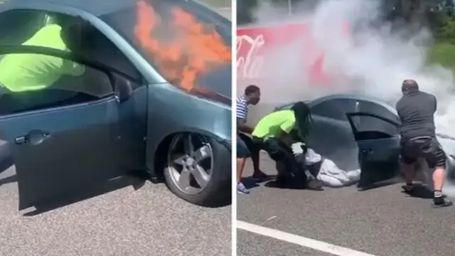 Un hombre salva la vida a otro pocos segundos antes de que su coche se incendie