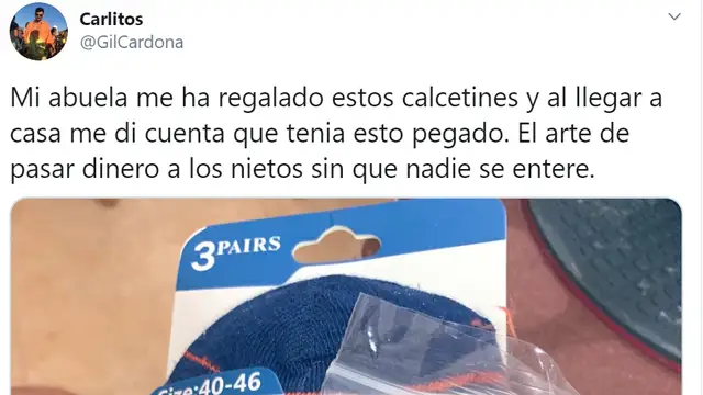 El tuit de un usuario que explica cómo su abuela le ha dado 10 euros a escondidas