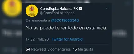 Captura de la polémica contestación del la cuenta del Consulado Español en La Habana Captura de la polémica contestación del la cuenta del Consulado Español en La Habana