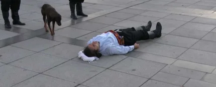 Un perro callejero irrumpe en una ‘performance’ para ayudar al actor que finge estar herido Un perro callejero irrumpe en una ‘performance’ para ayudar al actor que finge estar herido