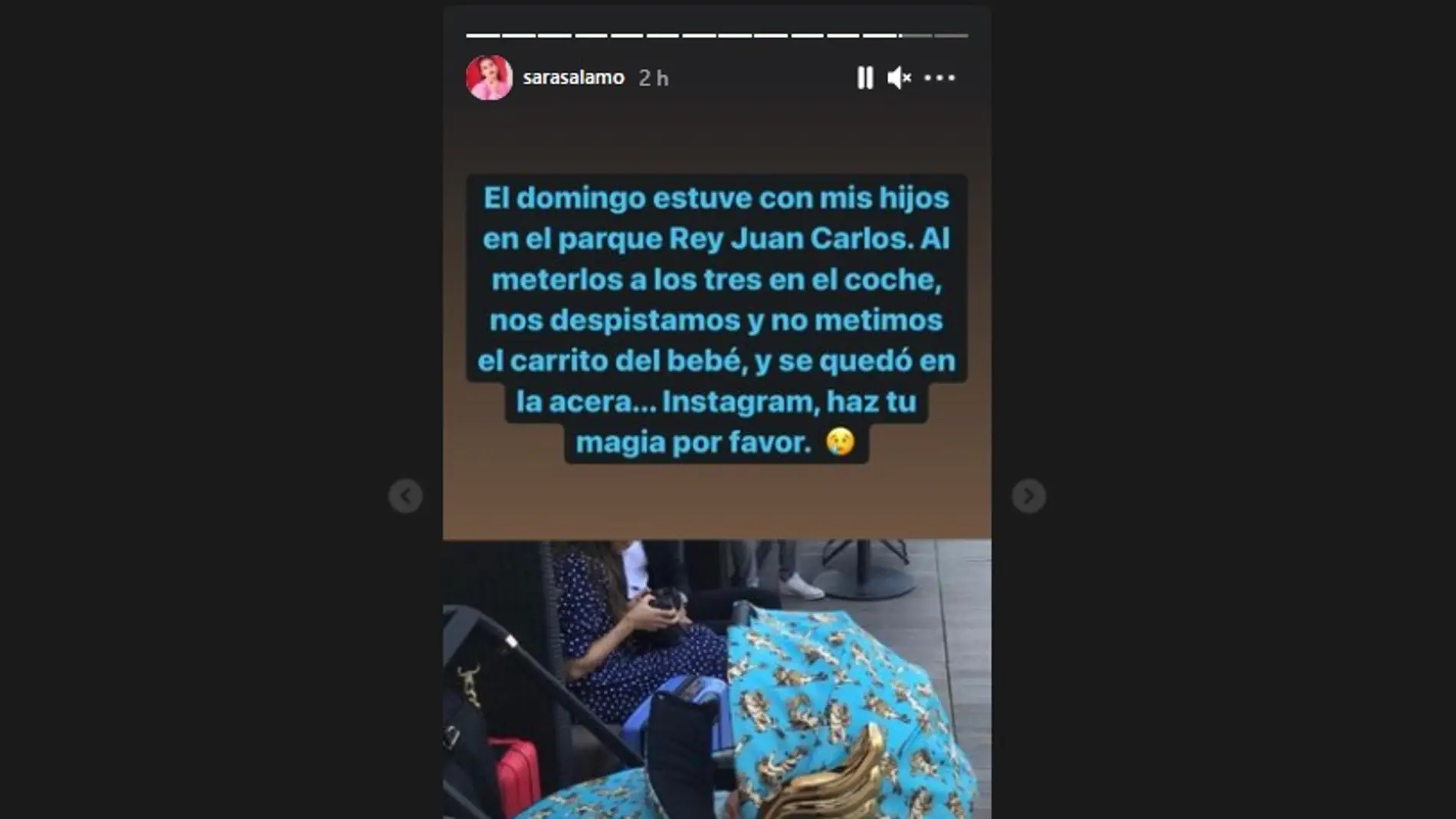 Sara Sálamo pidiendo a sus seguidores difusión para recuperar su carrito de bebé en Instagram