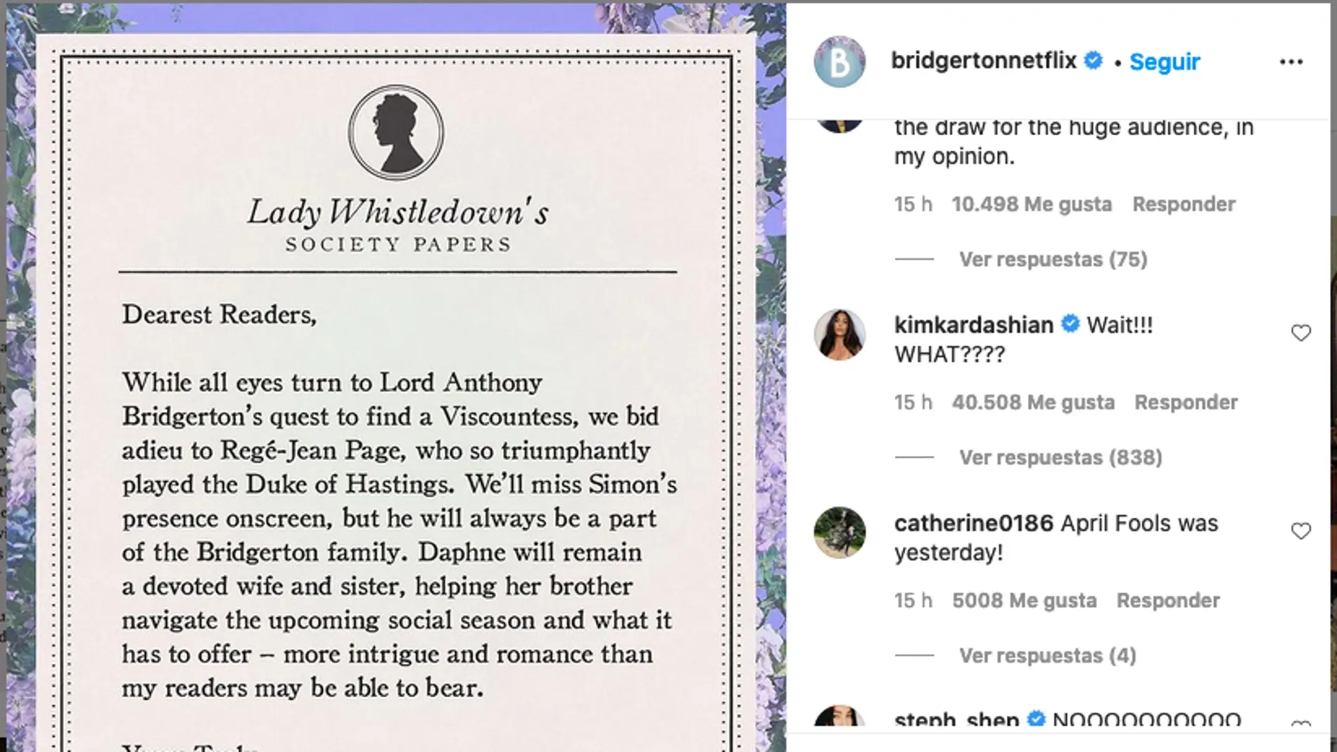 Kim Kardashian reaccion a la salida del duque de Hastings de 'Los Bridgerton'