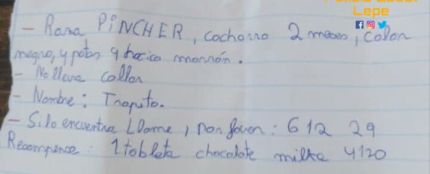 Atención, se busca: la tierna nota de un niño de Lepe que ofrece chocolate para recuperar a &#39;Trapito&#39;