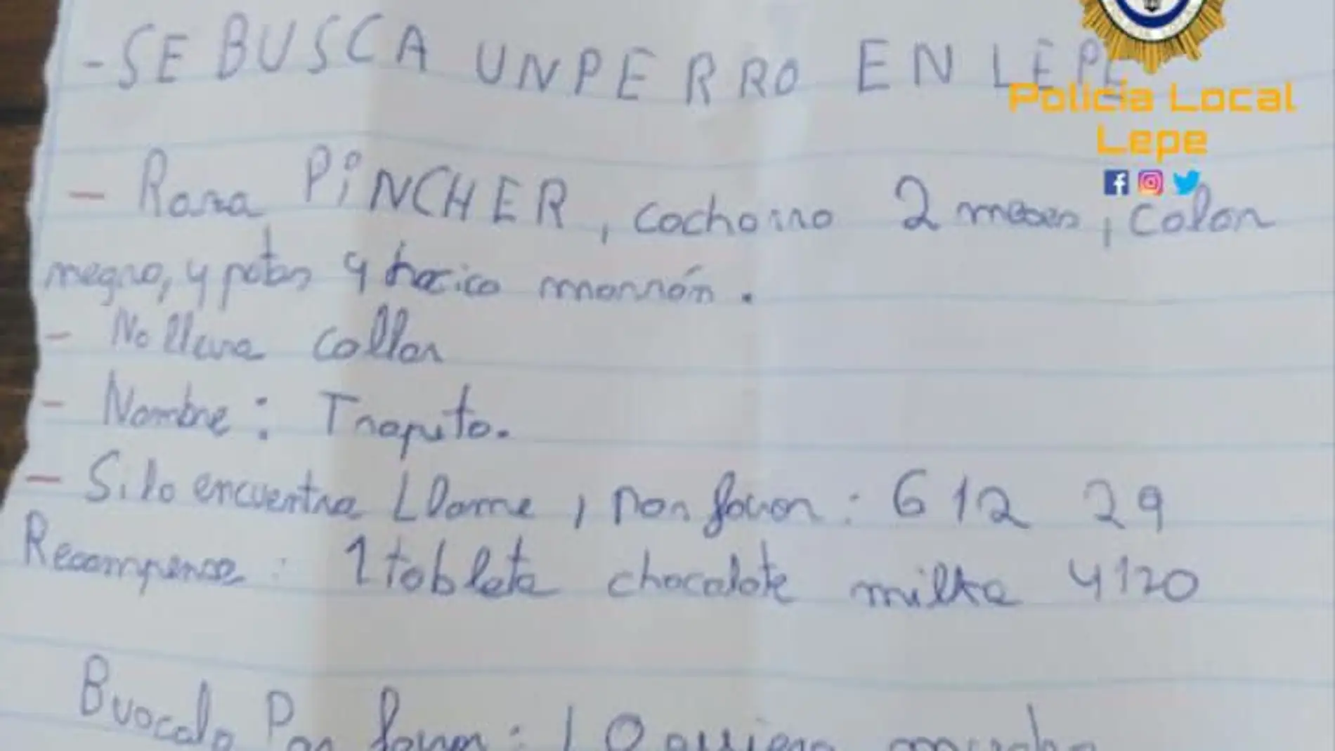 Atención, se busca: la tierna nota de un niño de Lepe que ofrece chocolate para recuperar a 'Trapito'