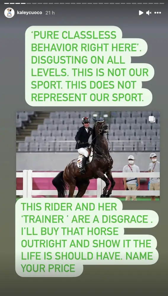 Kaley Cuoco se ofrece a comprar el caballo maltratado en los Juegos Olímpicos.