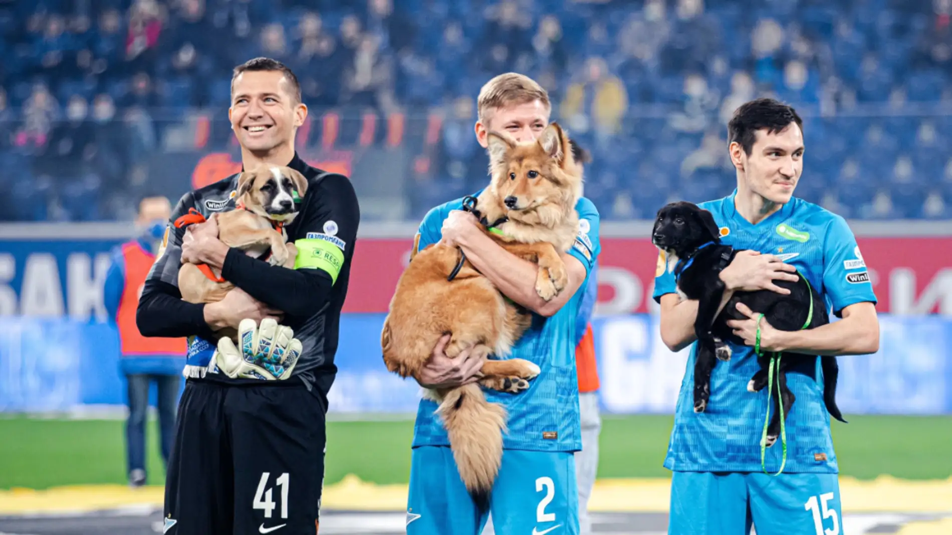 El gesto viral de los futbolistas del Zenit: saltan al campo con perros para apoyar la adopción