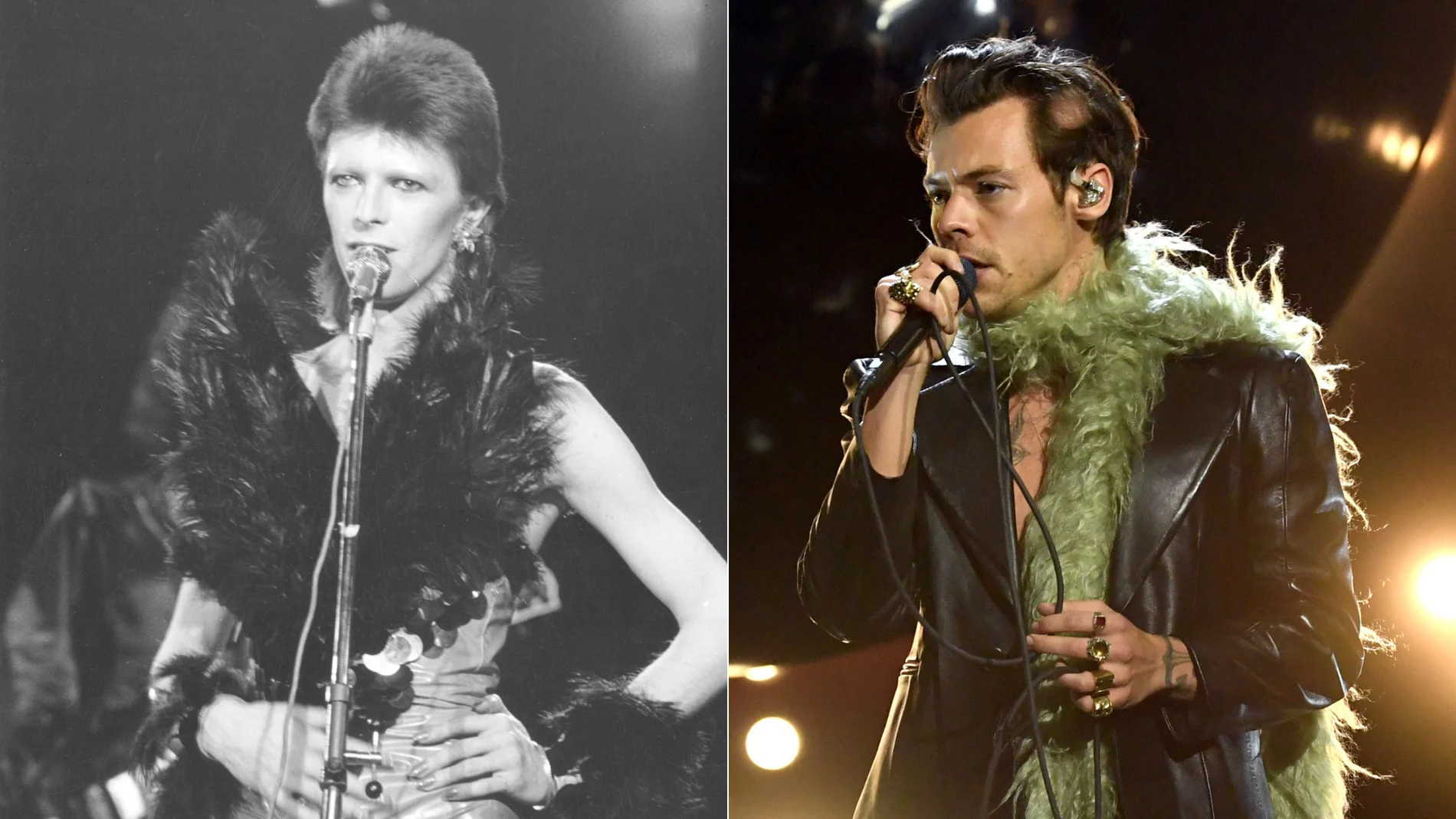 Una imagen de David Bowie en 1973 frente a otra de Harry Styles en 2021.