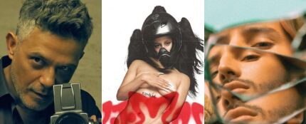 Las portadas de los discos Sanz, Motomami y Dharma, nominados en los Latin Grammy 2022.
