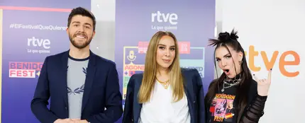 Rodrigo Vázquez, Mónica Naranjo e Inés Hernand, presentadora del Benidorm Fest 2023. Rodrigo Vázquez, Mónica Naranjo e Inés Hernand, presentadora del Benidorm Fest 2023.