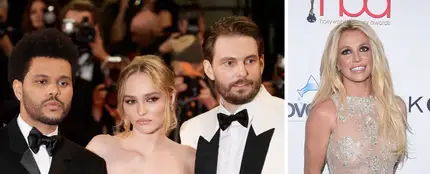 A la izquierda, The Weeknd, Lily-Rose Depp y Sam Levinson, protagonistas y director de 'The Idol', y a la derecha, Britney Spears. A la izquierda, The Weeknd, Lily-Rose Depp y Sam Levinson, protagonistas y director de 'The Idol', y a la derecha, Britney Spears.