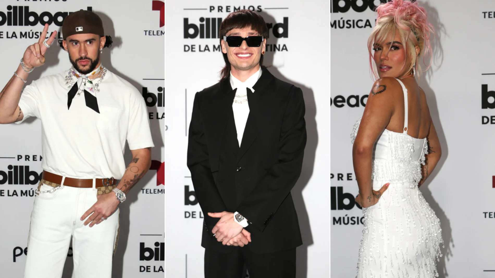 Bad Bunny, Peso Pluma y Karol G, en los premios Billboard de la Música Latina 2023.