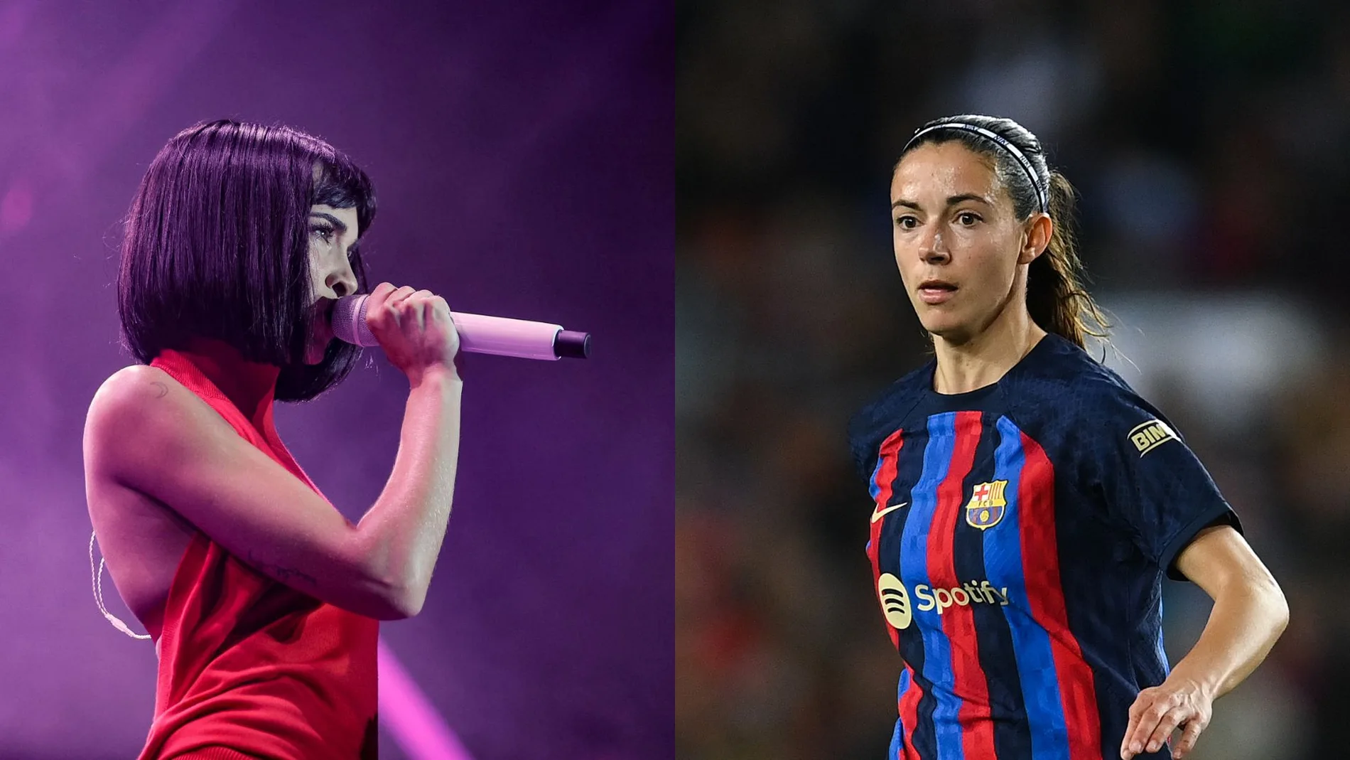 Aitana posa junto a la jugadora del Barcelona Aitana Bonmatí en su concierto en en Palau Sant Jordi