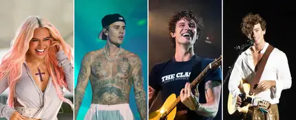 Karol G, Justin Bieber, Shawn Mendes y Guitarricadelafuente en diferentes conciertos. Karol G, Justin Bieber, Shawn Mendes y Guitarricadelafuente en diferentes conciertos.