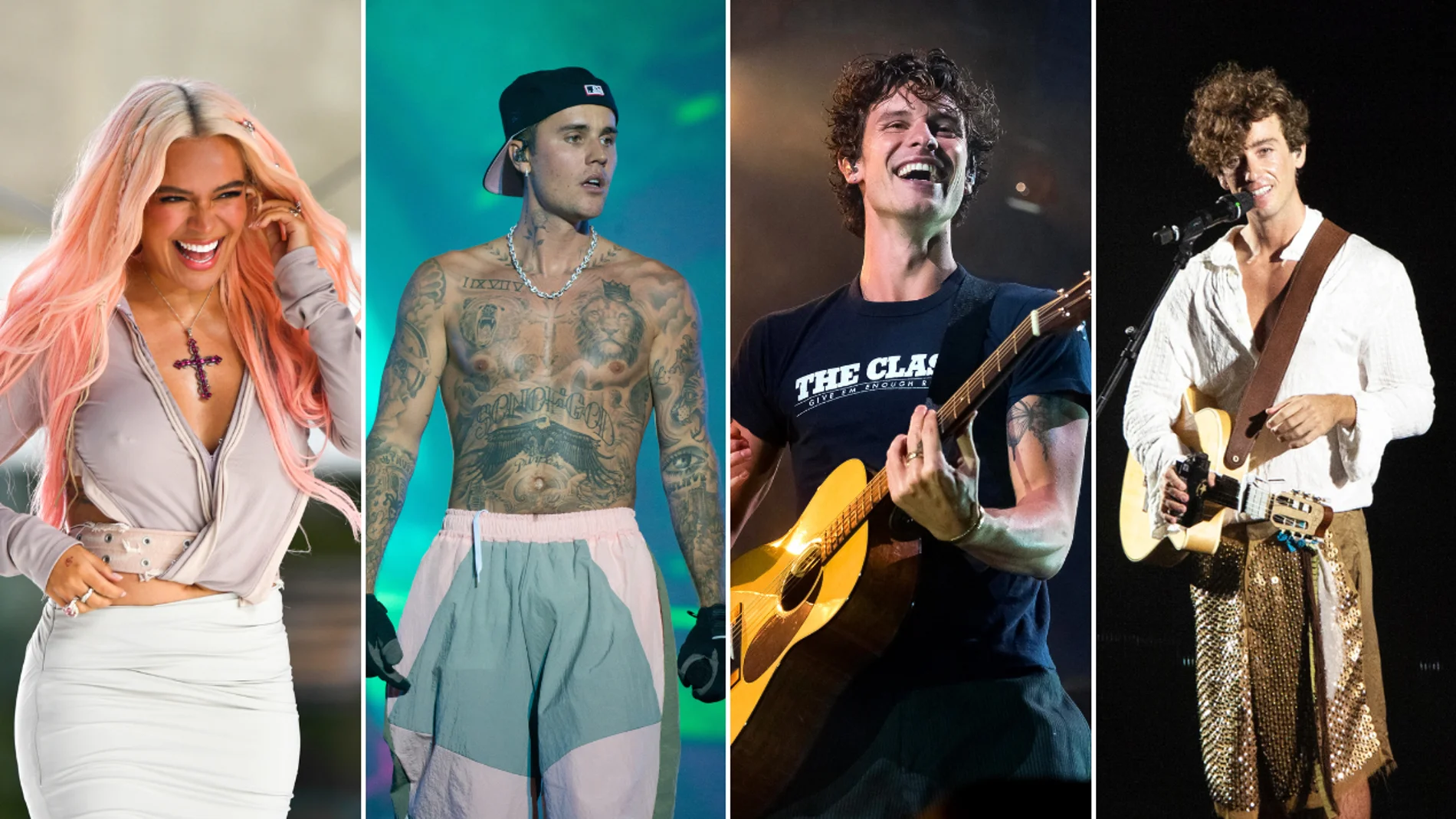 Karol G, Justin Bieber, Shawn Mendes y Guitarricadelafuente en diferentes conciertos. Karol G, Justin Bieber, Shawn Mendes y Guitarricadelafuente en diferentes conciertos.