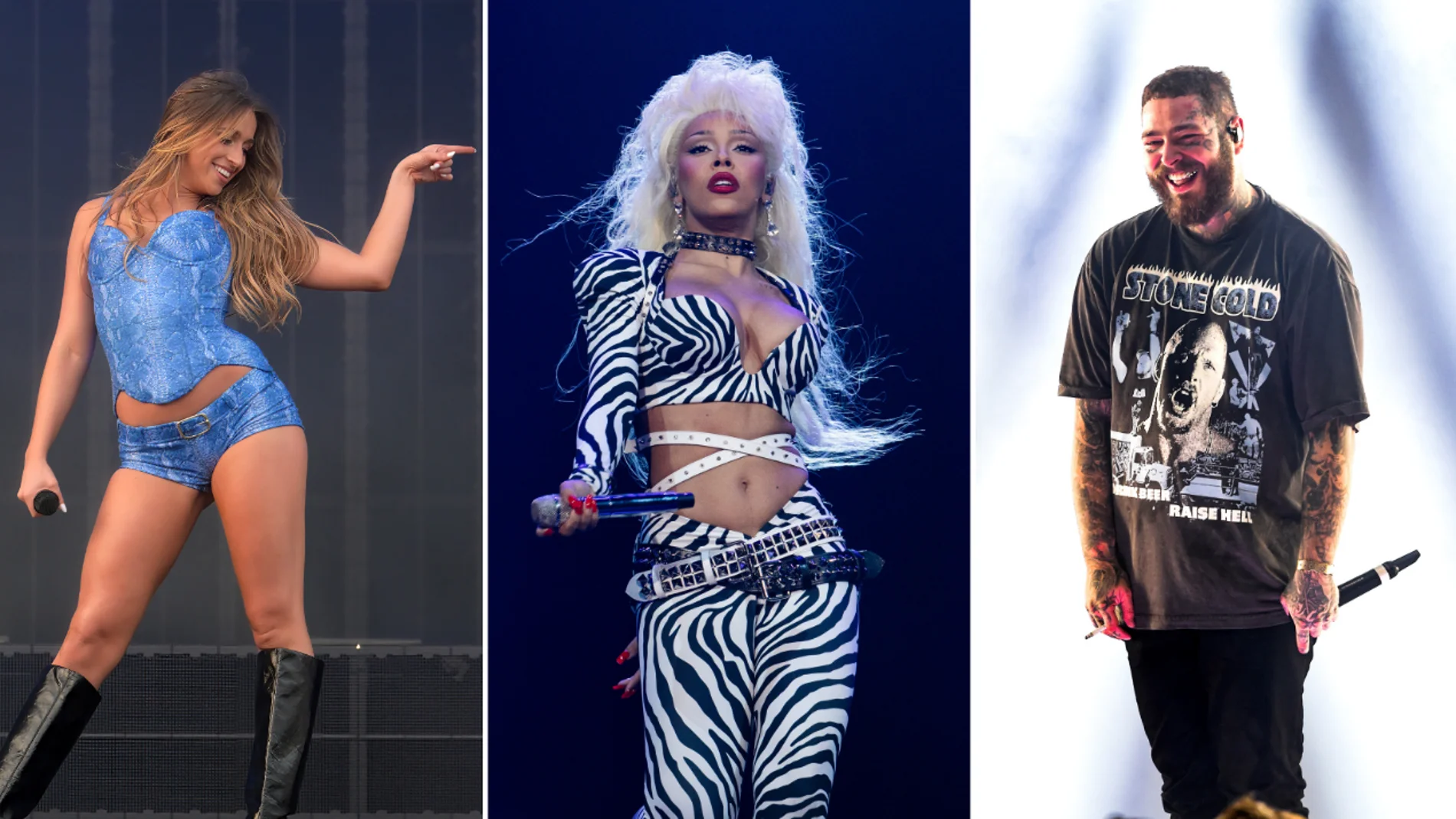 Tate McRae, Doja Cat y Post Malone durante algunos de sus conciertos Tate McRae, Doja Cat y Post Malone durante algunos de sus conciertos