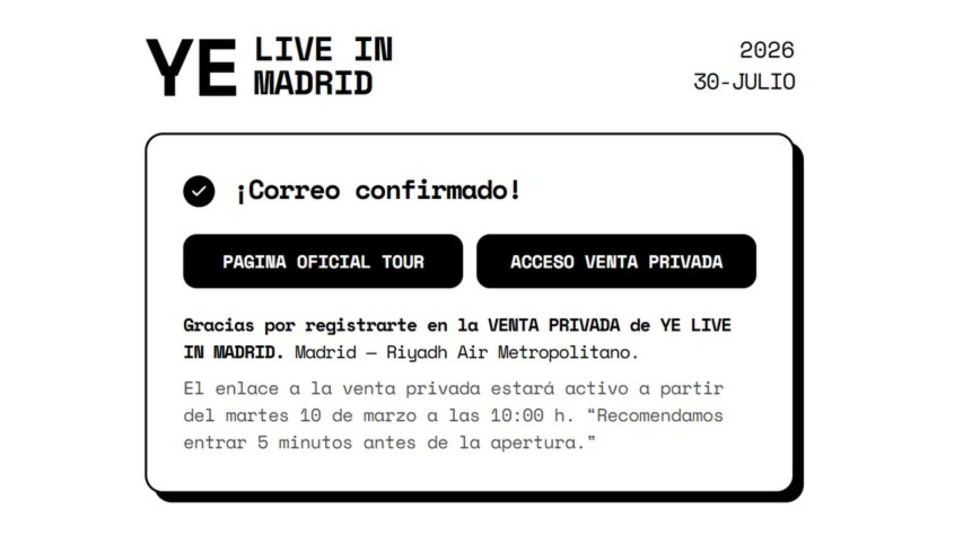Correo de confirmación para las entradas de Kanye West