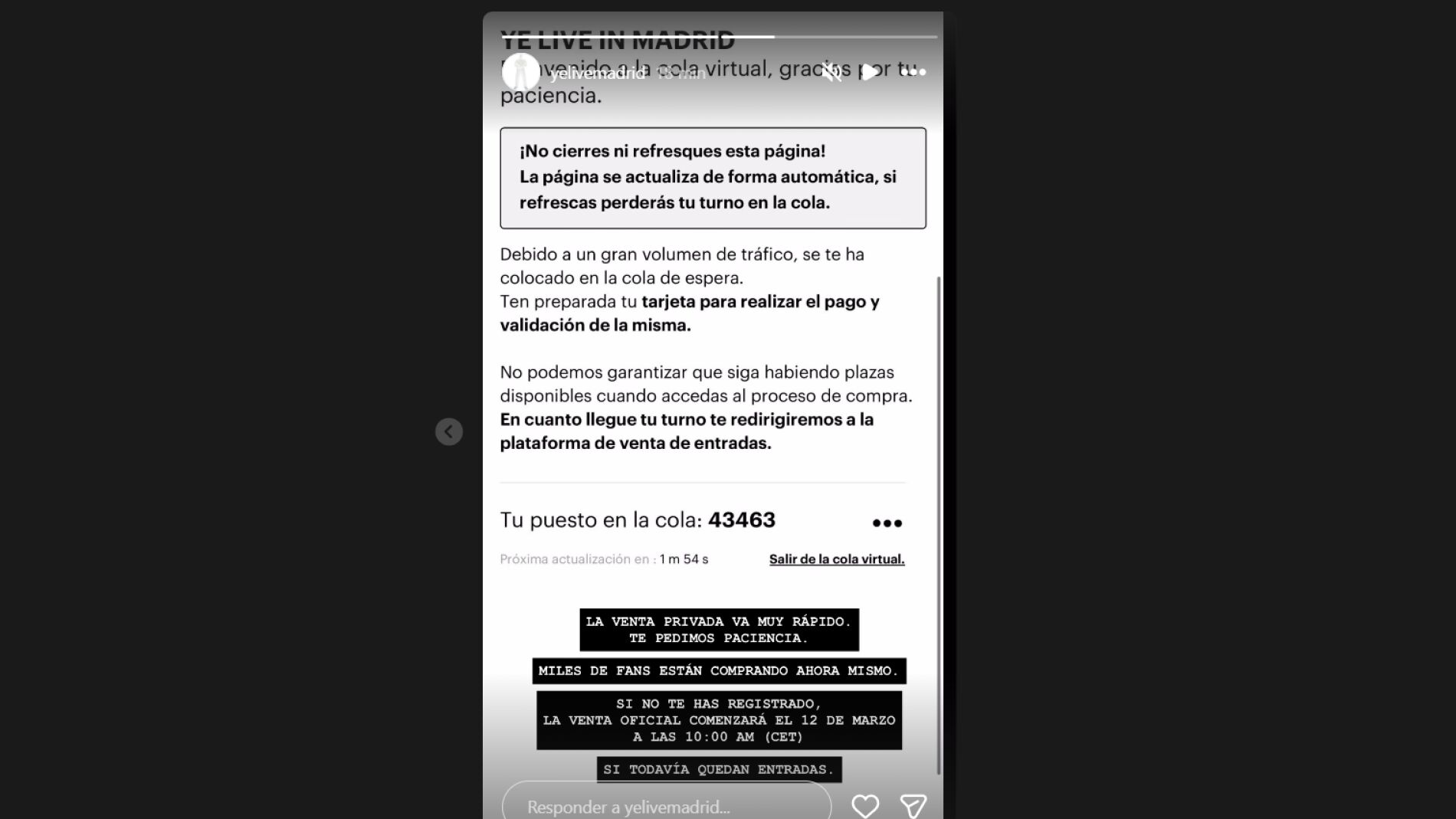 Story de la cuenta de Instagram de YE Madrid