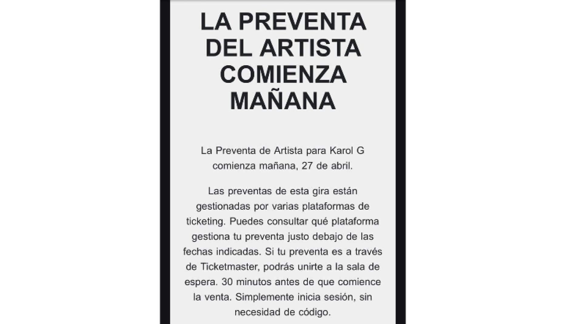La preventa de entradas para Karol G se activa el lunes 27 de abril.