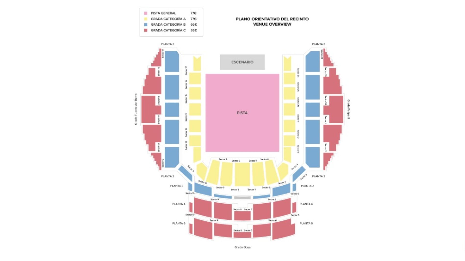 Plano orientativo del Movistar Arena para los conciertos de Quevedo